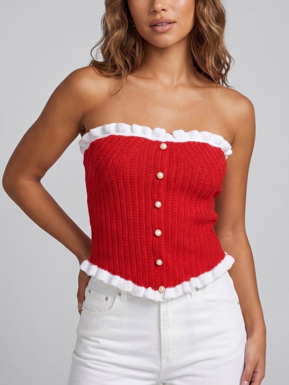 NWOT | Red and White Ruffle Trim Ribbed Knit Button Front Tube Top Large